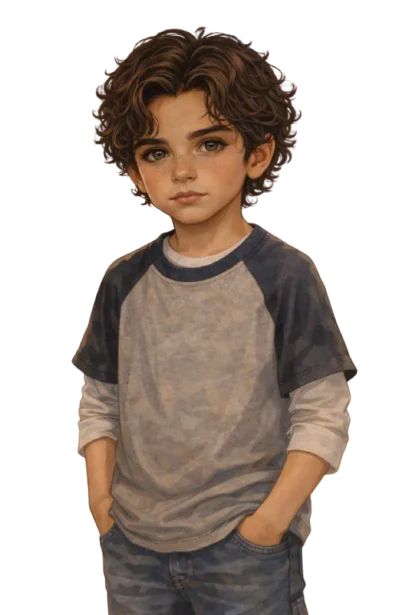Petit garcon aux cheveux bruns bouclés