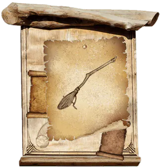 Panneau d'affichage en bois avec parchemins épinglés et balles de Quidditch gravées