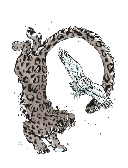 Une panthère des neiges qui joue avec une chouette
