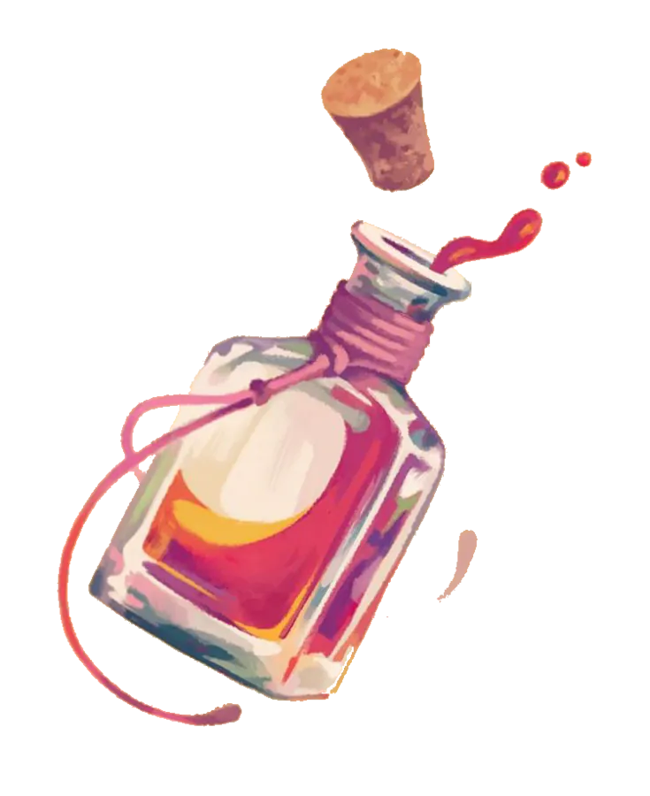 bouteille de potion rose, bouchon de liège sautant