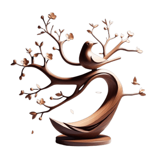 Cerisier en fleur sculpté dans du bois portant un oiseau sur l'une des branches