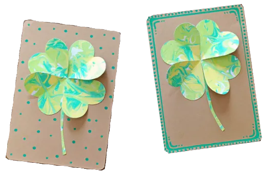 Cartes réalisées inRP par les élèves pour la Saint Patrick. Elle représente dun trèfle de couleur verte sur un fond couleur marron.