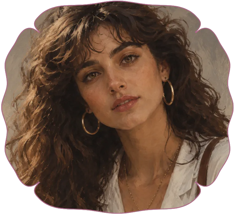 Jeune femme à la peau matte, yeux noisettes, cheveux longs bouclés et bruns avec une frange