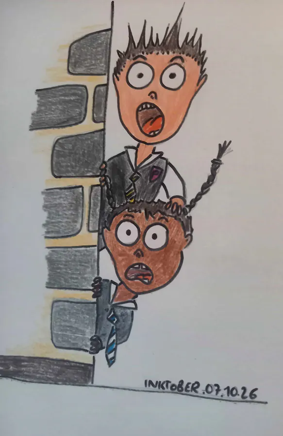 Dessin réalisés aux crayons de couleur représentant deux élèves de Poudlard paniqués.