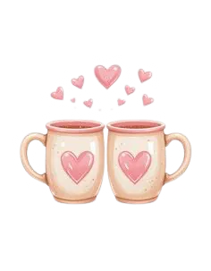 Deux tasses qui se cognent avec des coeurs