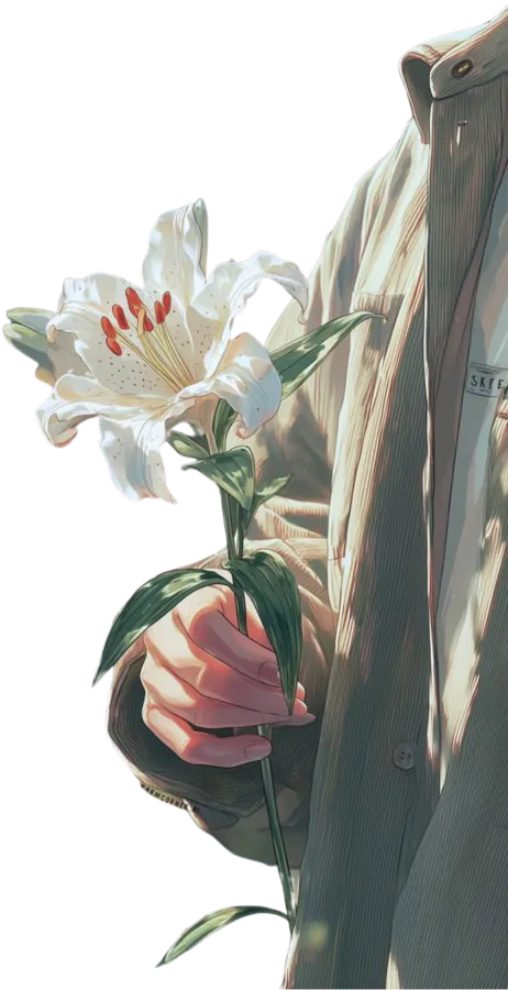 Gros plan sur un bras habillé d'une chemise en velour vert d'eau, dont la main tient une grande fleur de lys
