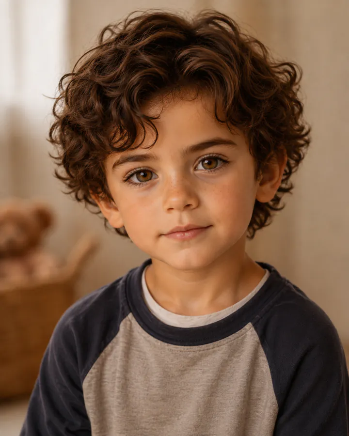 Petit garçon brun bouclé aux yeux noisettes