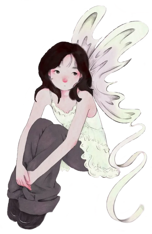 fille cheveux bruns jean et top blanc, ailes blanches