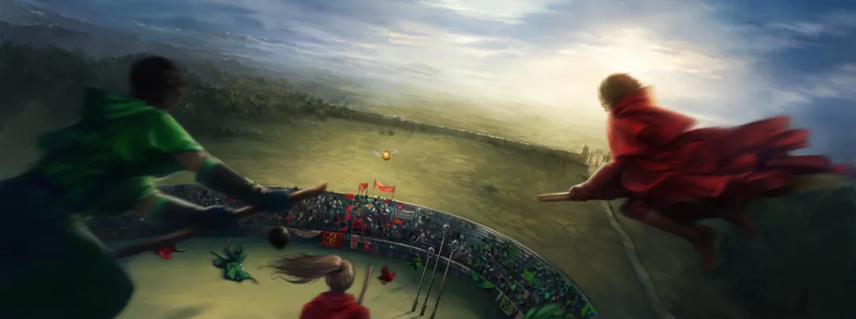 Vue du ciel sur le stade de quidditch, deux attrapeurs tentent de capturer le vif d'or.
