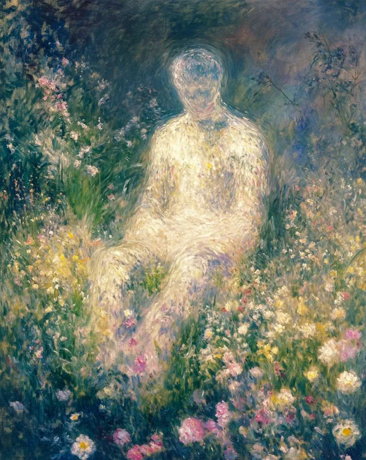 tableau représentant la nature et une forme humaine fait de fleurs